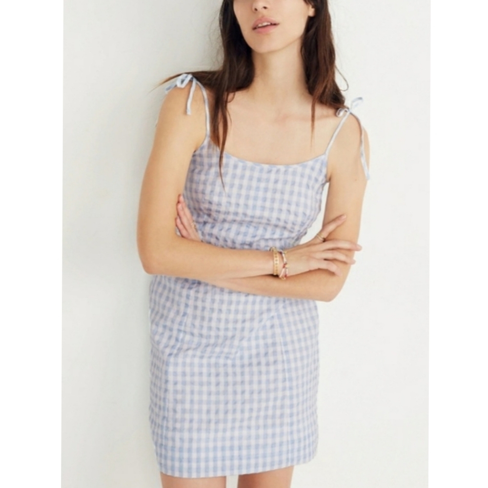 Madewell Tie Strap Gingham Mini Dress Light Blue White Plaid Checks Preppy